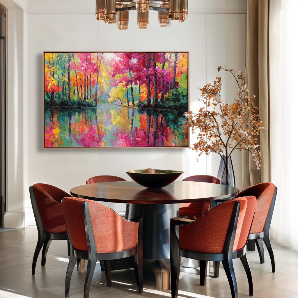 Abstract painting of colorful autumn trees and their reflections in a peaceful water body