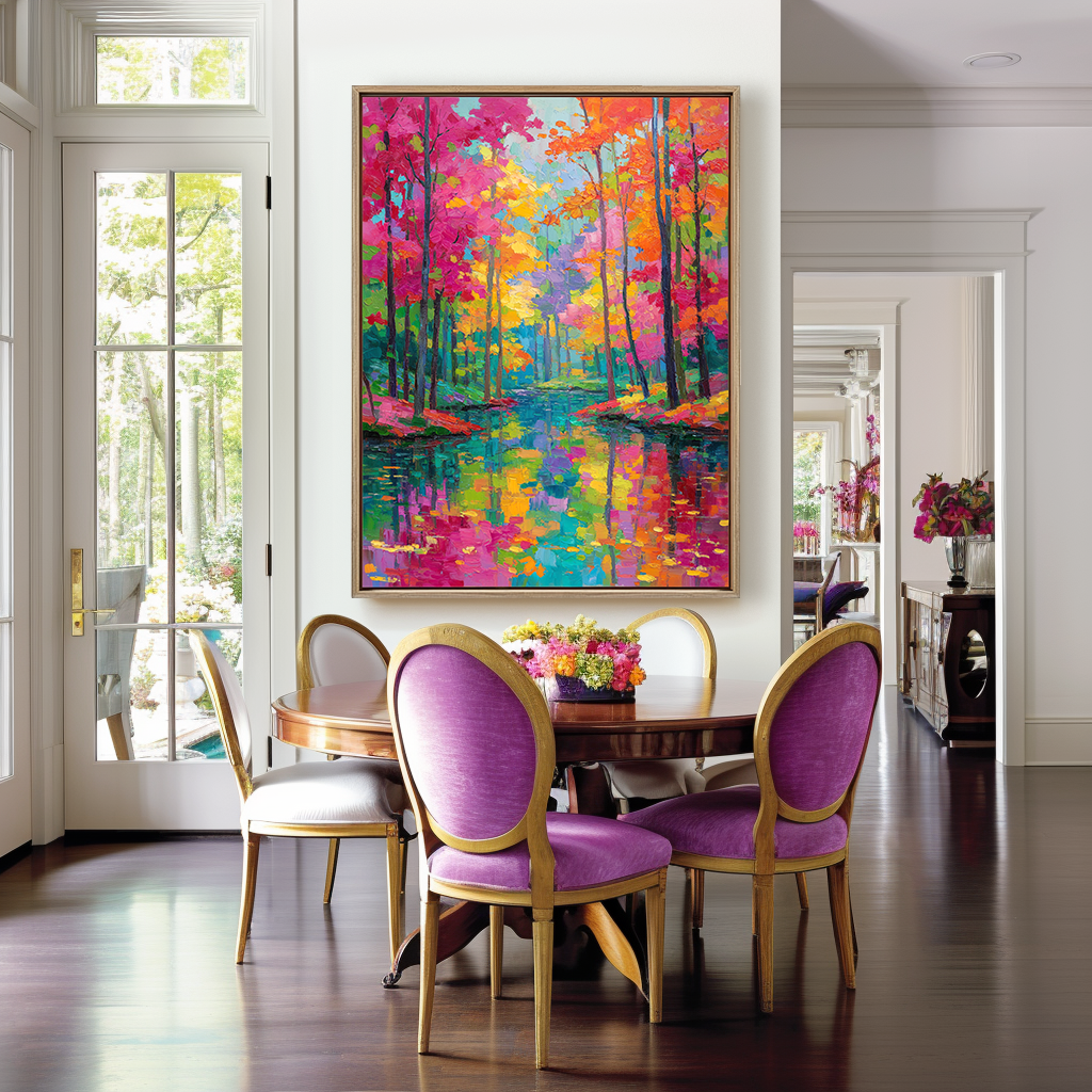 Abstract autumn landscape painting with colorful fall trees and reflections in a calm water body