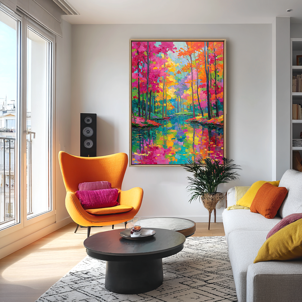 Abstract autumn landscape painting with colorful fall trees and reflections in a calm water body