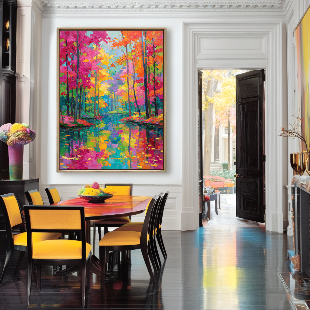 Abstract autumn landscape painting with colorful fall trees and reflections in a calm water body