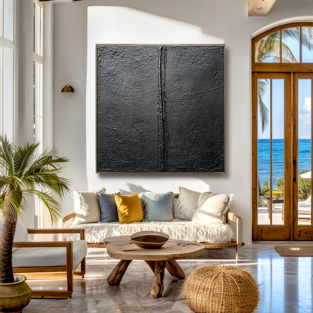 Textured black abstract painting with vertical ridge, minimalist Wabi-Sabi wall art