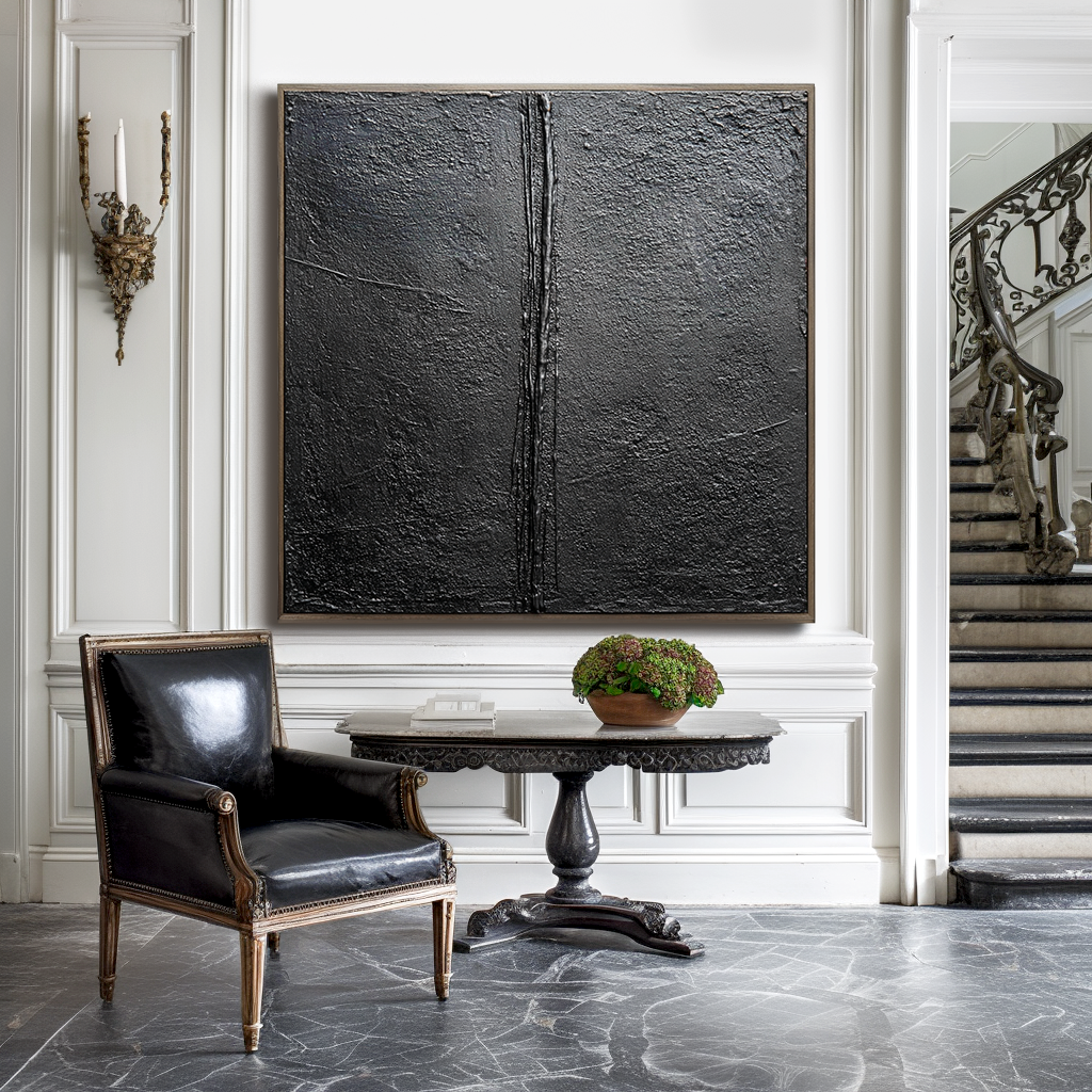 Textured black abstract painting with vertical ridge, minimalist Wabi-Sabi wall art