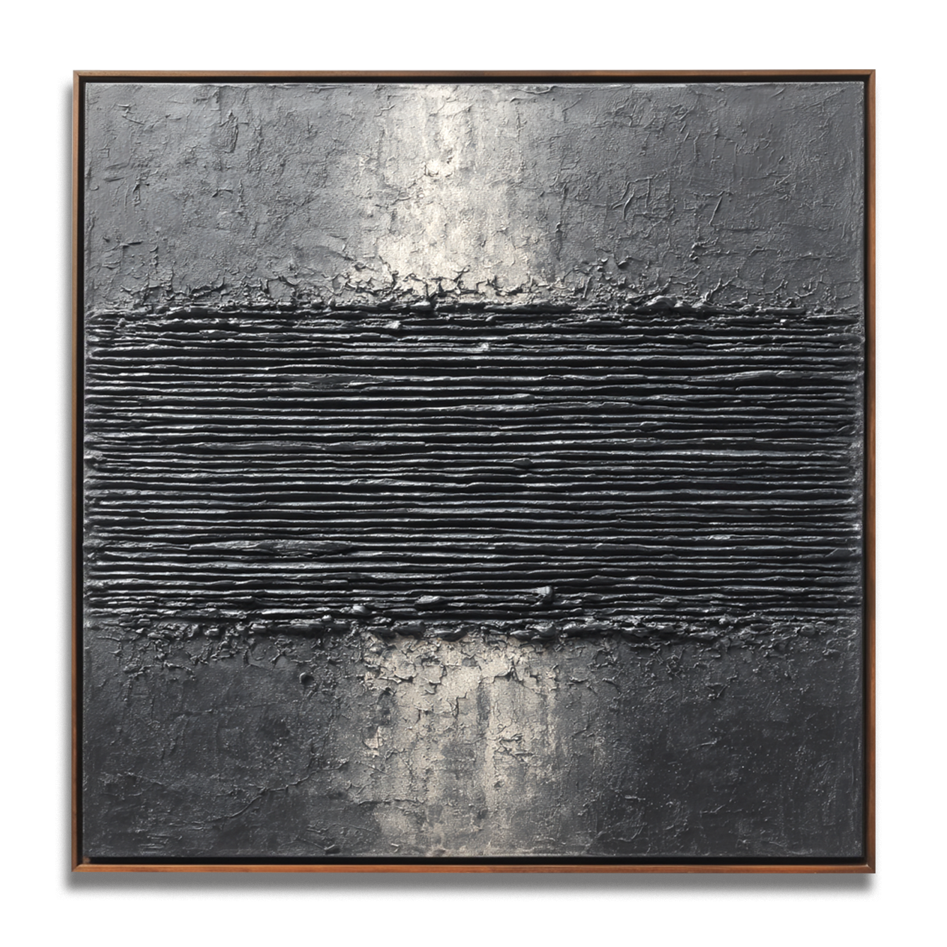 Textured black and silver abstract painting with horizontal ridges, minimalist wall art