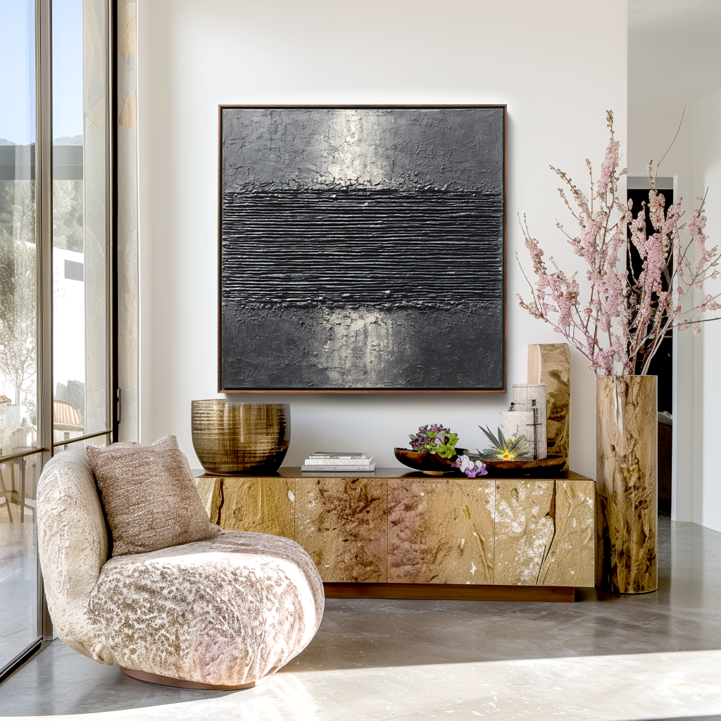 Textured black and silver abstract painting with horizontal ridges, minimalist wall art