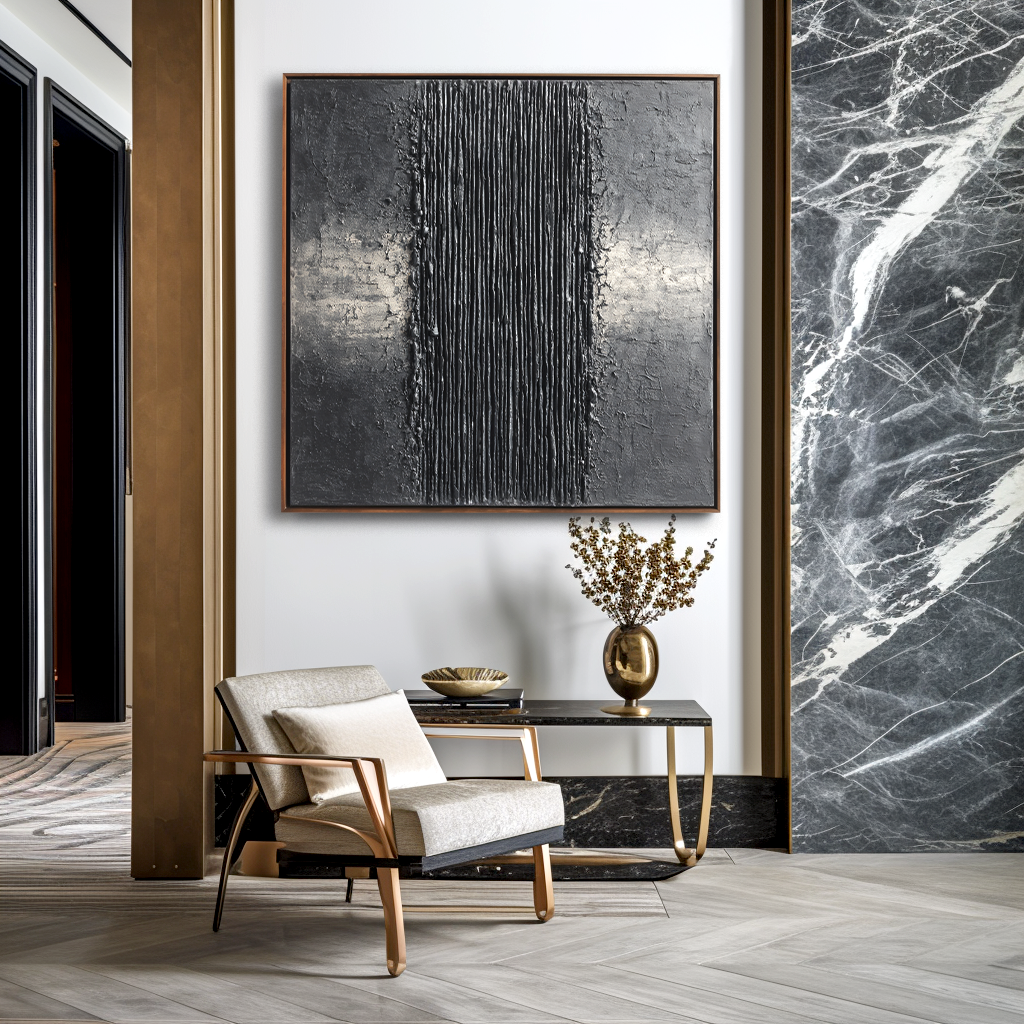 Textured black and silver abstract painting with horizontal ridges, minimalist wall art