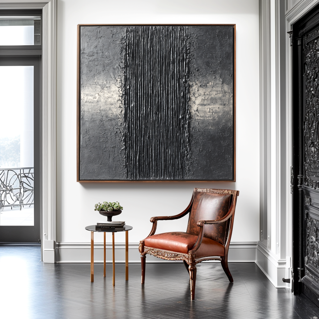 Textured black and silver abstract painting with horizontal ridges, minimalist wall art