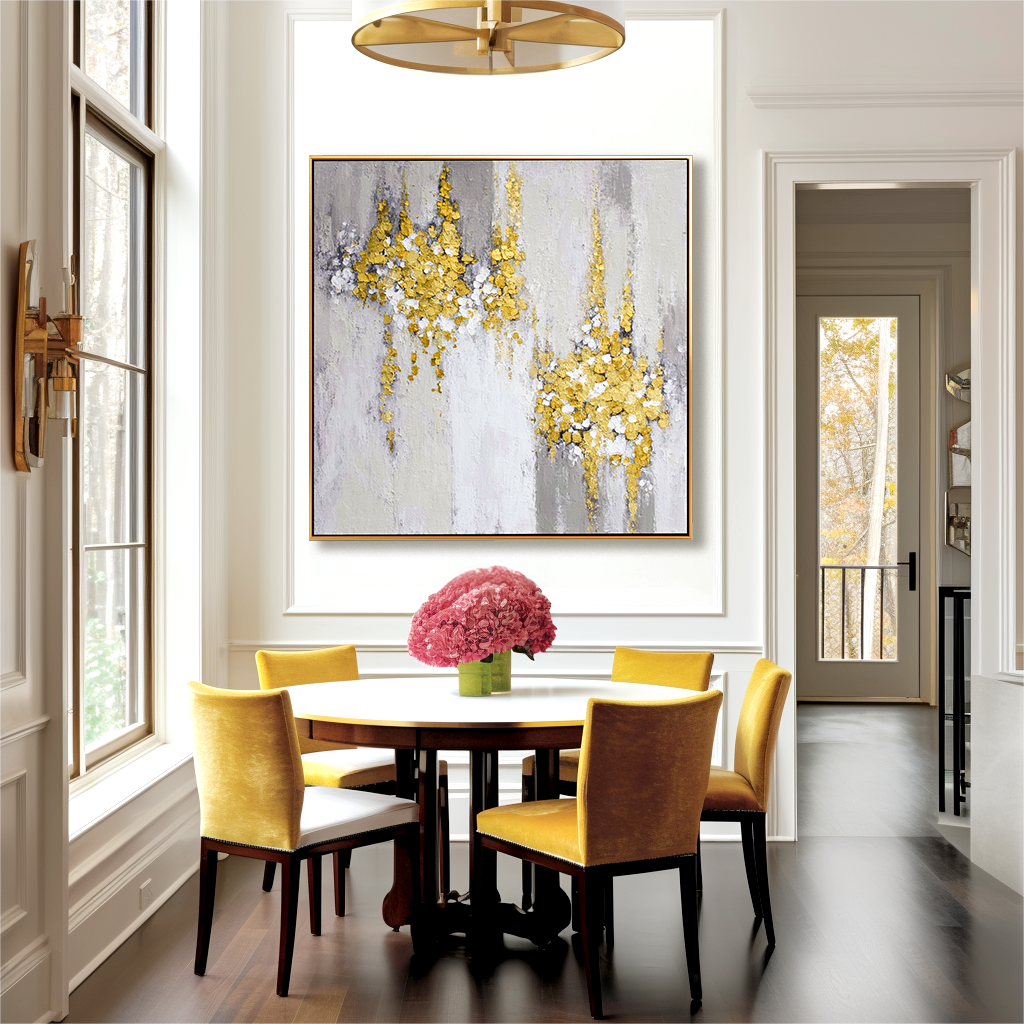 Gold and white textured abstract painting with golden clusters on a gray and white background