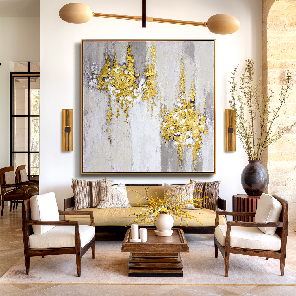 Gold and white textured abstract painting with golden clusters on a gray and white background