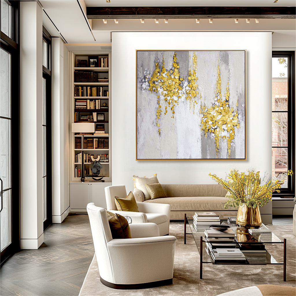 Gold and white textured abstract painting with golden clusters on a gray and white background