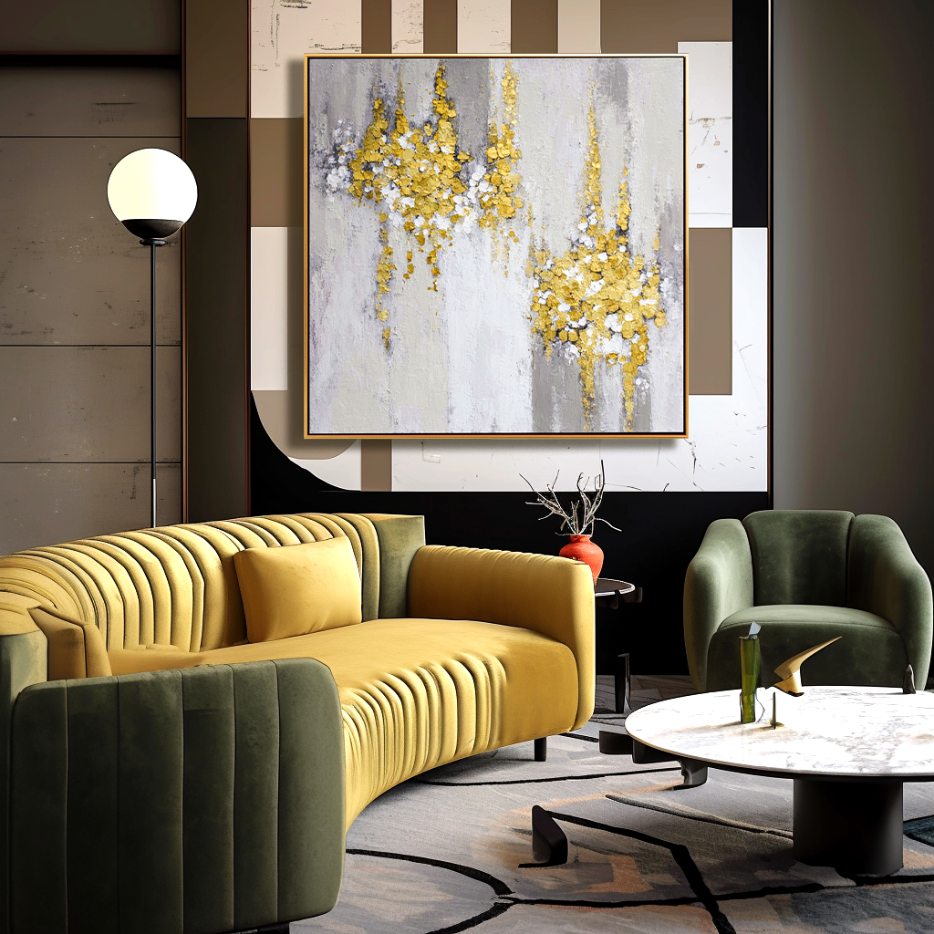 Gold and white textured abstract painting with golden clusters on a gray and white background