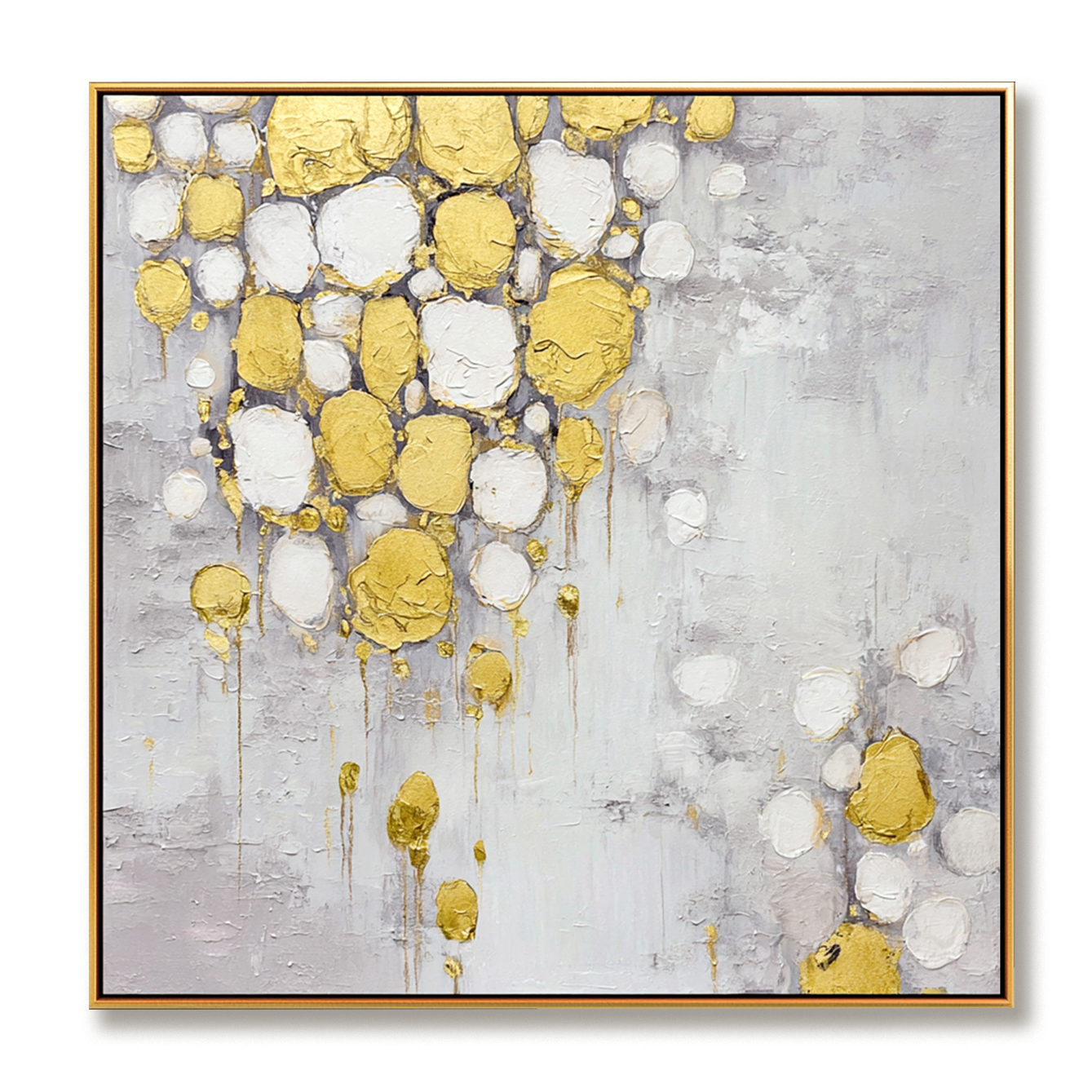 Abstract painting with gold and white textured drops on a soft gray background