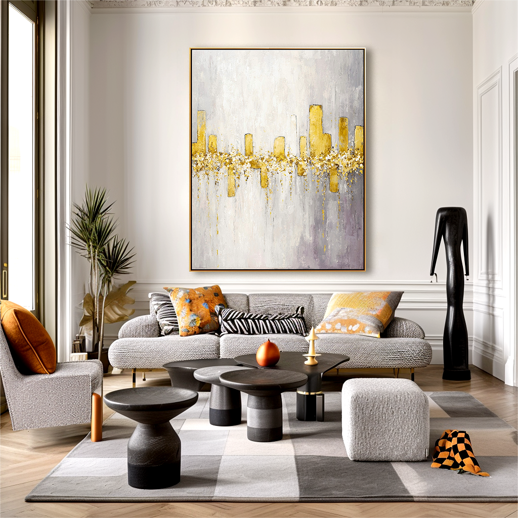 Abstract painting with golden vertical columns and golden accents on a soft white and gray background