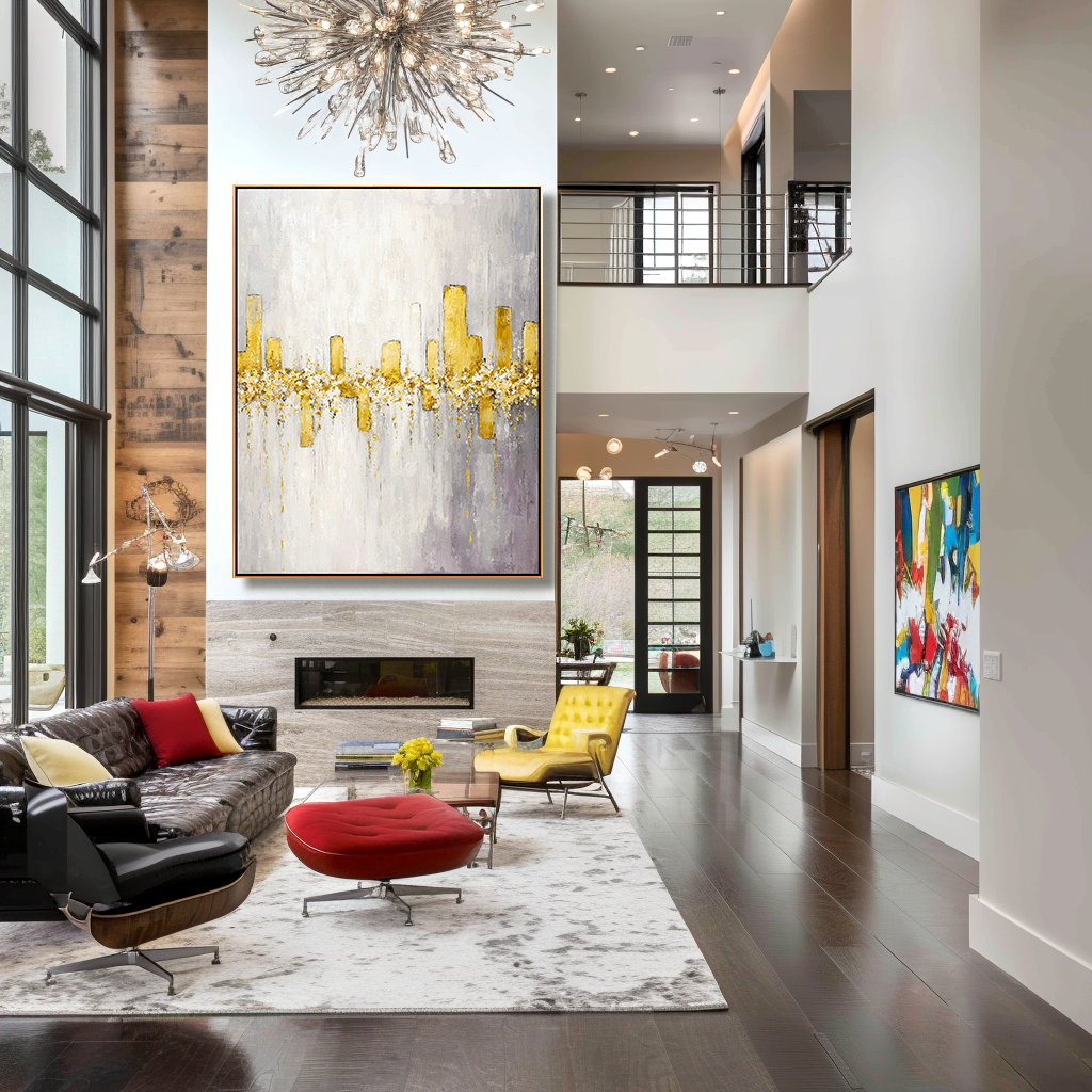 Abstract painting with golden vertical columns and golden accents on a soft white and gray background