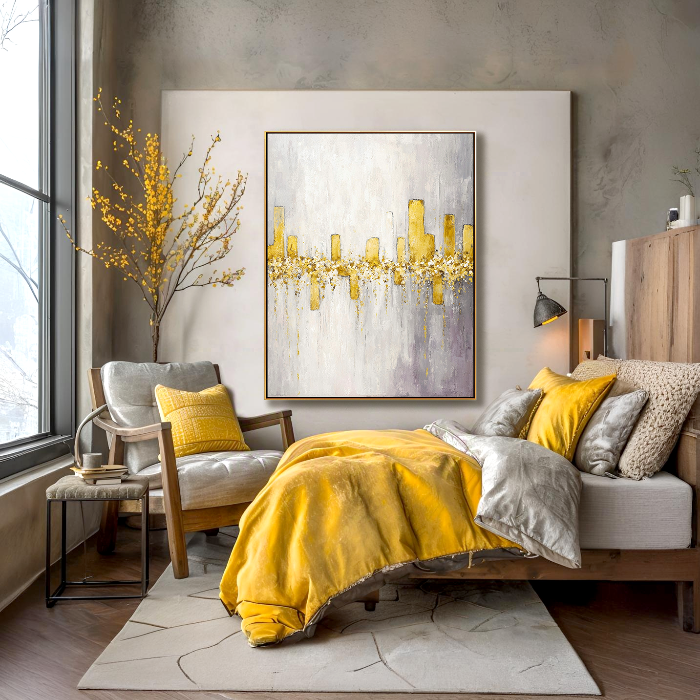 Abstract painting with golden vertical columns and golden accents on a soft white and gray background