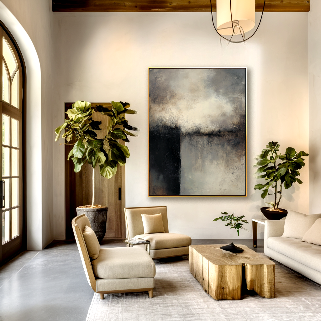 Abstract atmospheric painting with dark tones and misty light textures, perfect for modern interior decor