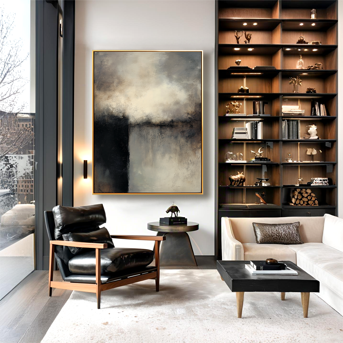 Abstract atmospheric painting with dark tones and misty light textures, perfect for modern interior decor