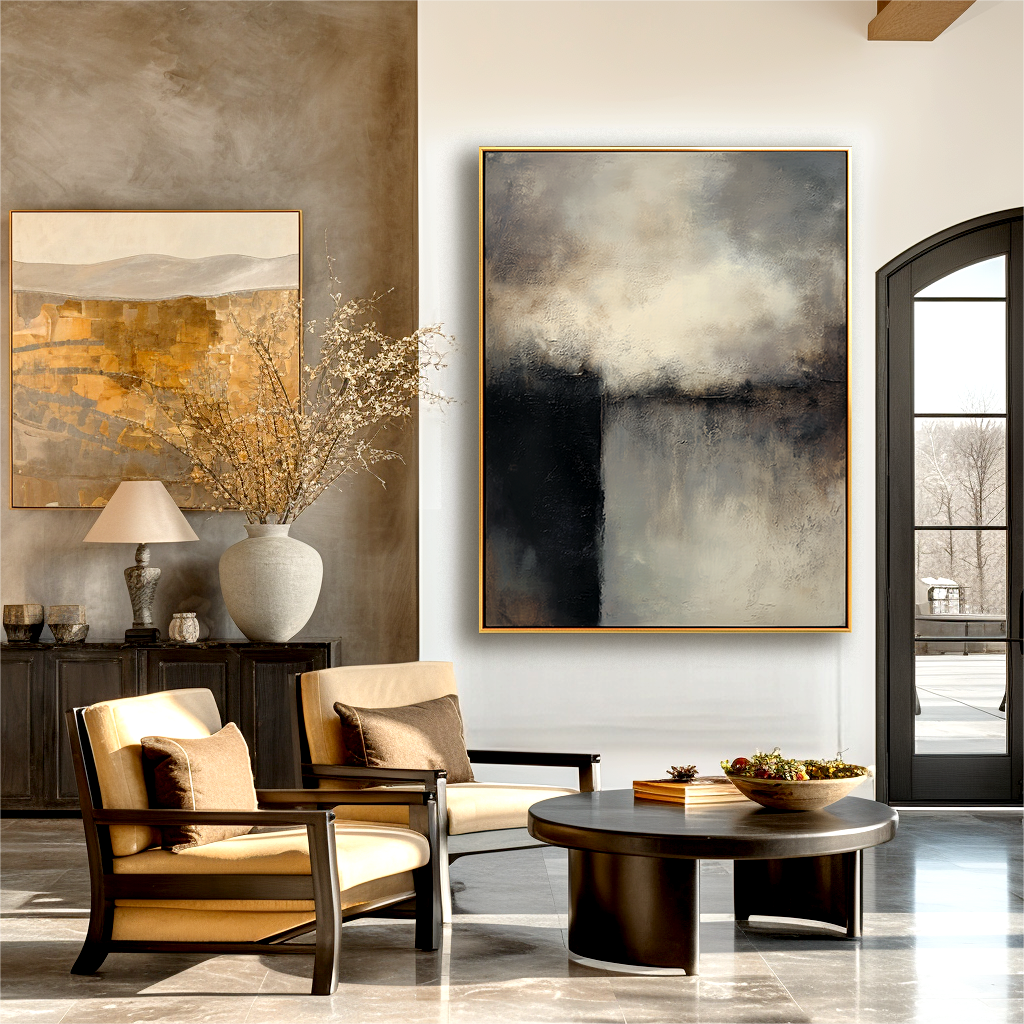 Abstract atmospheric painting with dark tones and misty light textures, perfect for modern interior decor
