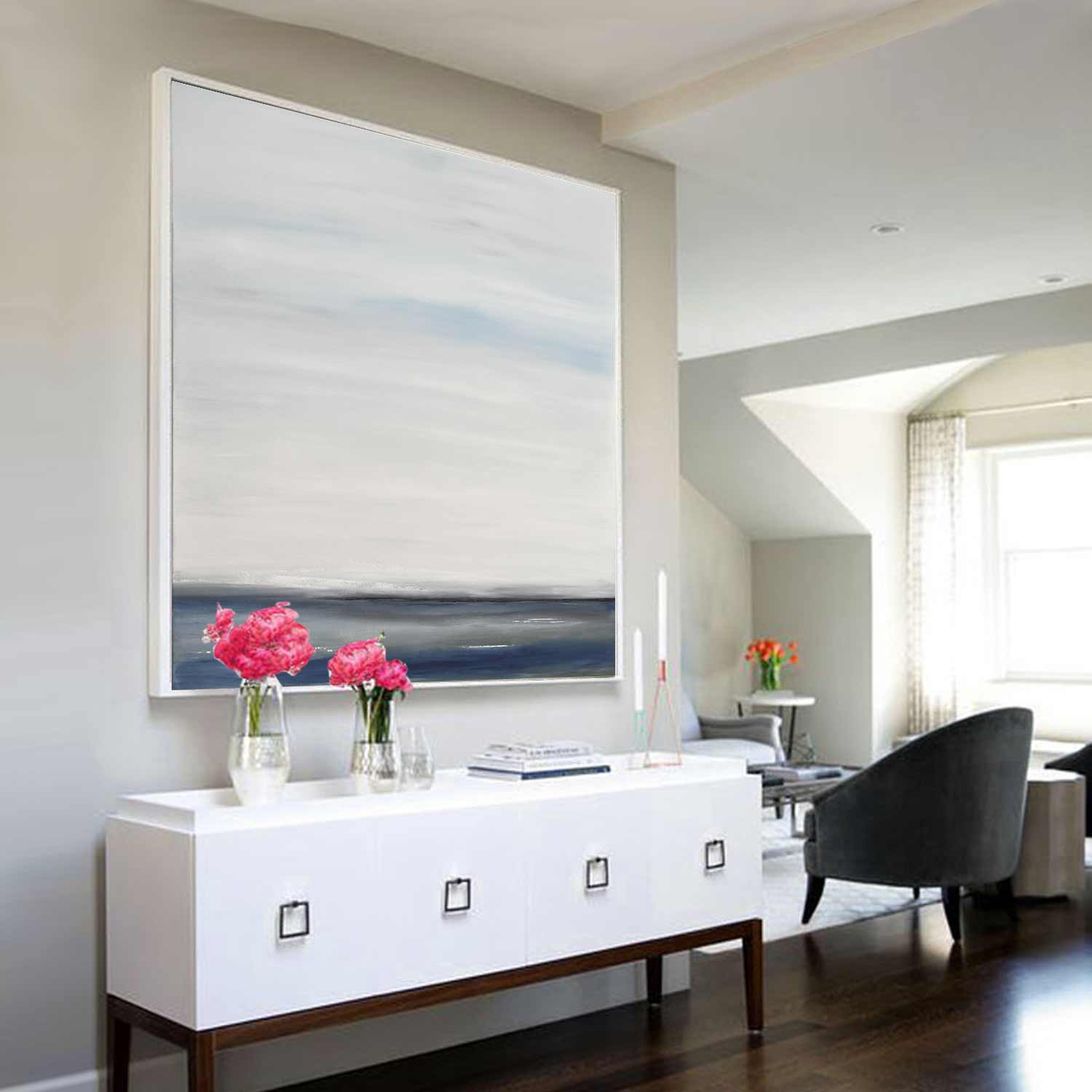Minimalist Seascape Painting Blue Gray Square Large Art "Time Away"