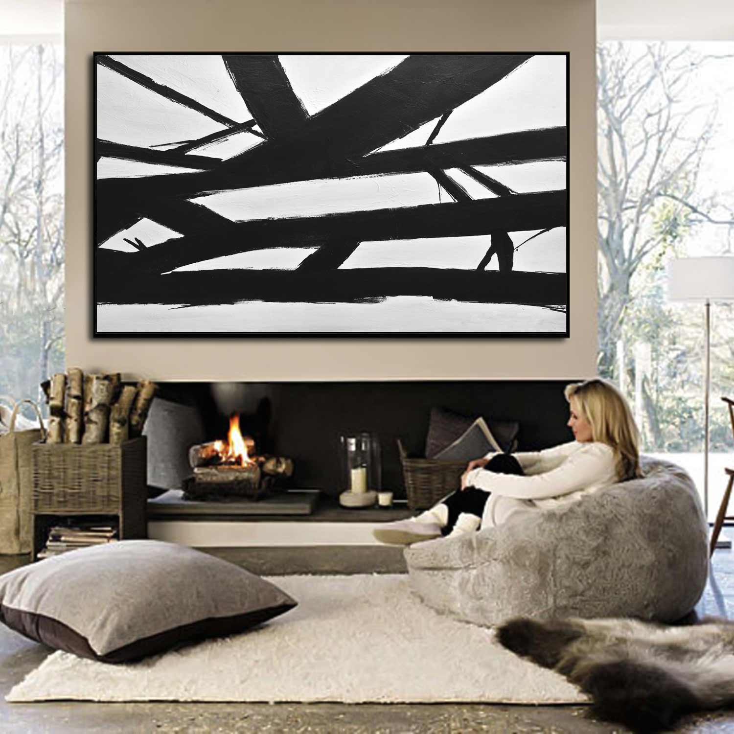 Geometric Black White Abstract Kline Painting "Crossing the Line"