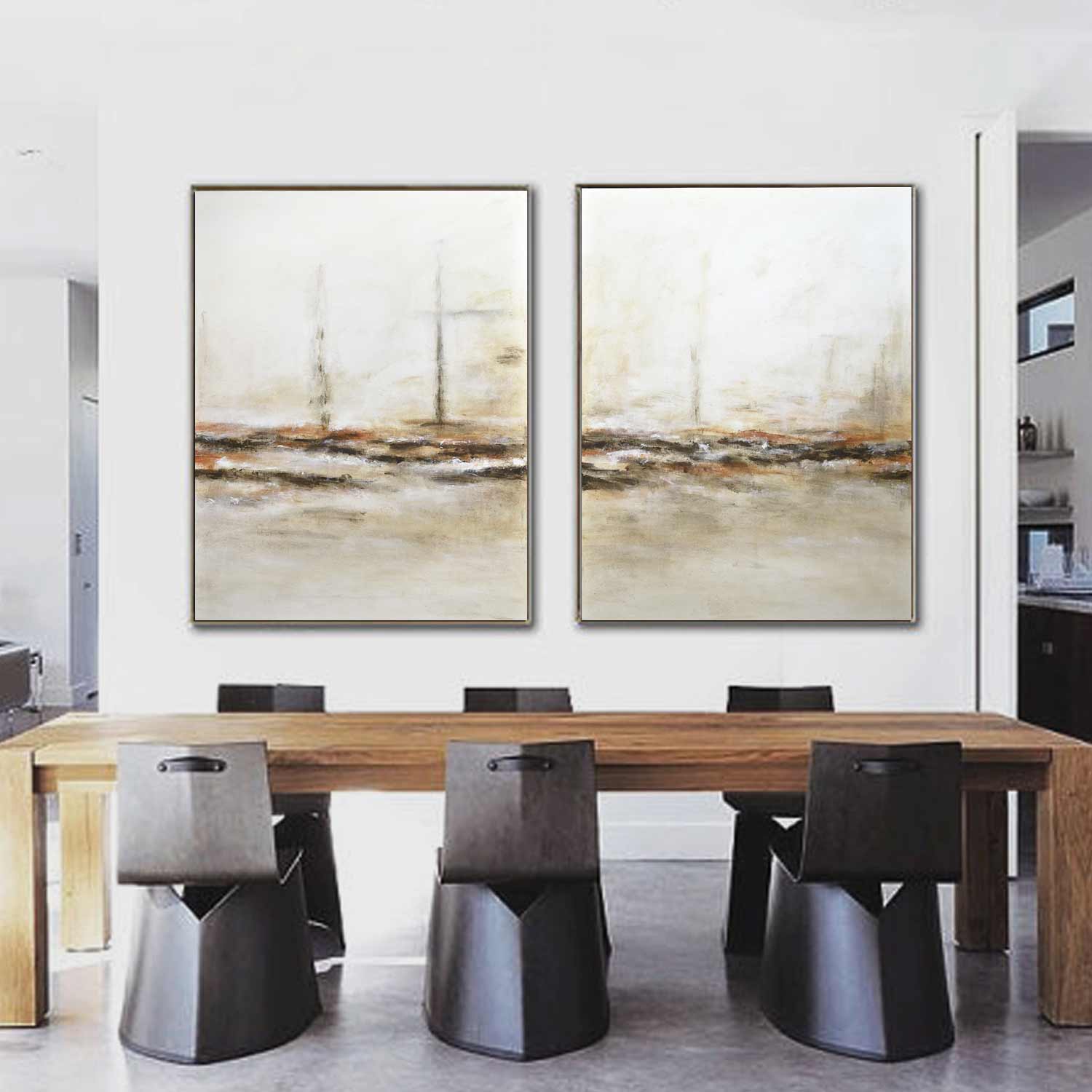 Set of 2 Light Beige Abstract Paintings "Taken"