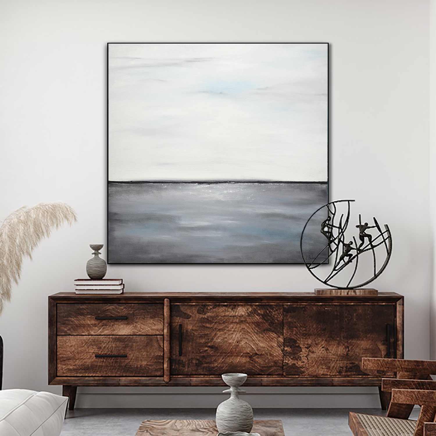 Large Custom Landscape Painting Grayscale Minimal "Gray Waters"