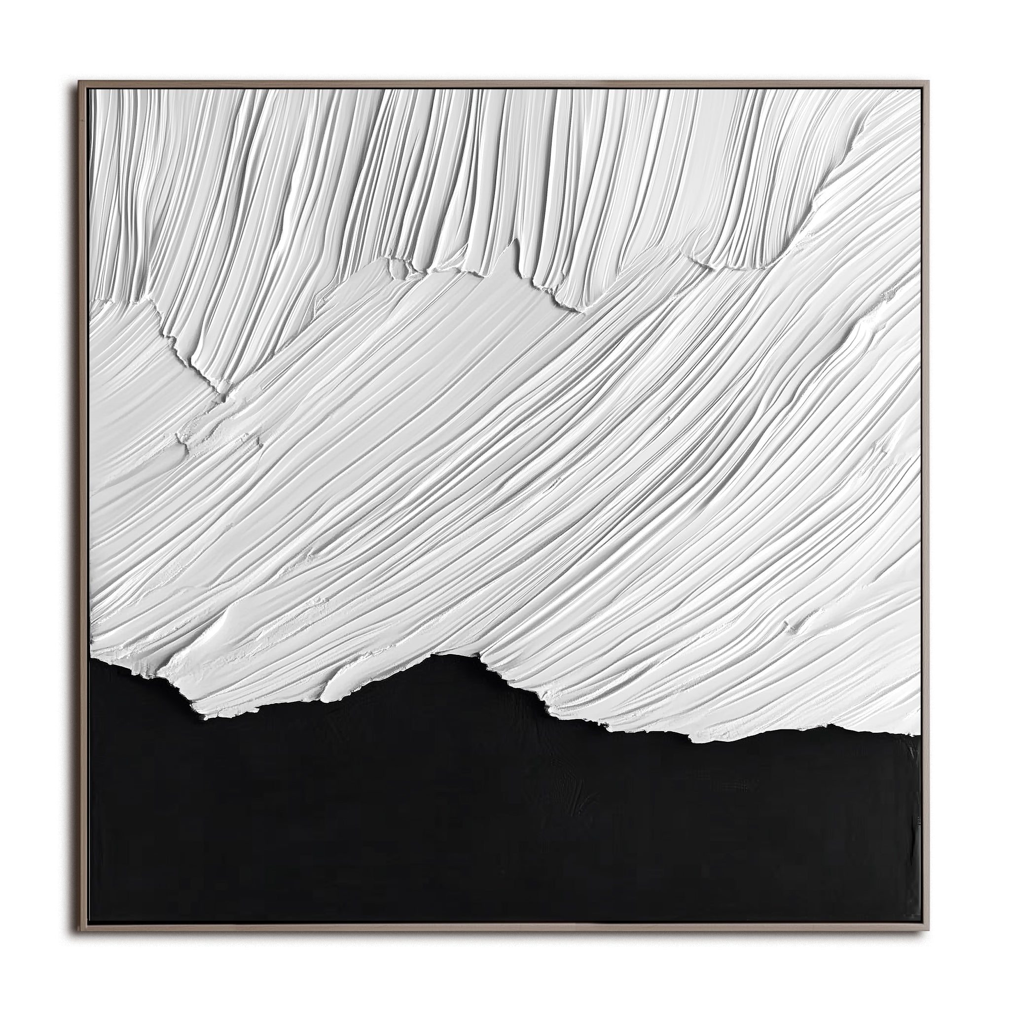 Black and white textured abstract painting with flowing white brush strokes over dark base