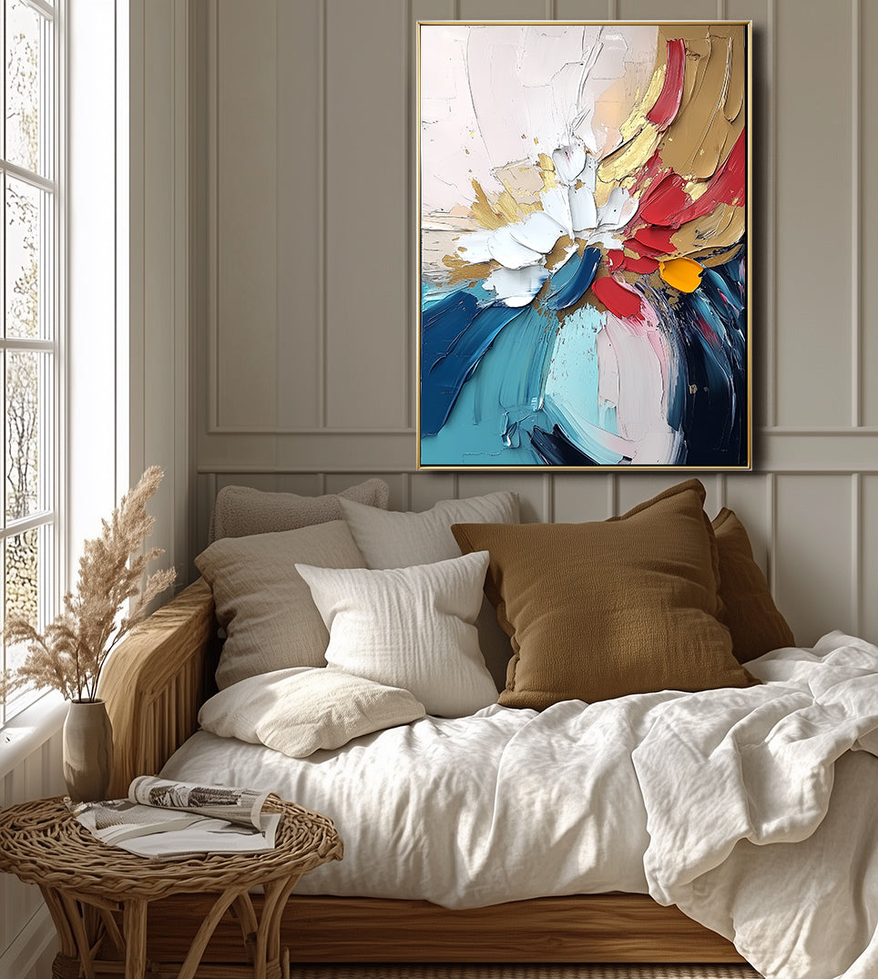 Abstract painting with bold strokes of red, gold, white, and blue, textured with thick paint