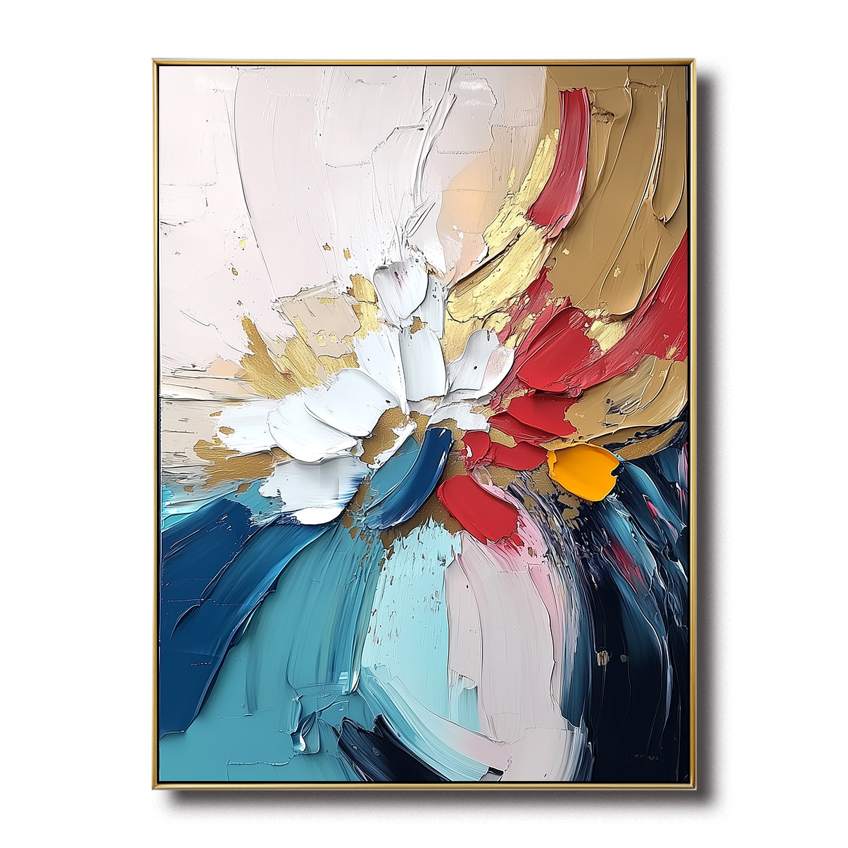 Abstract painting with bold strokes of red, gold, white, and blue, textured with thick paint