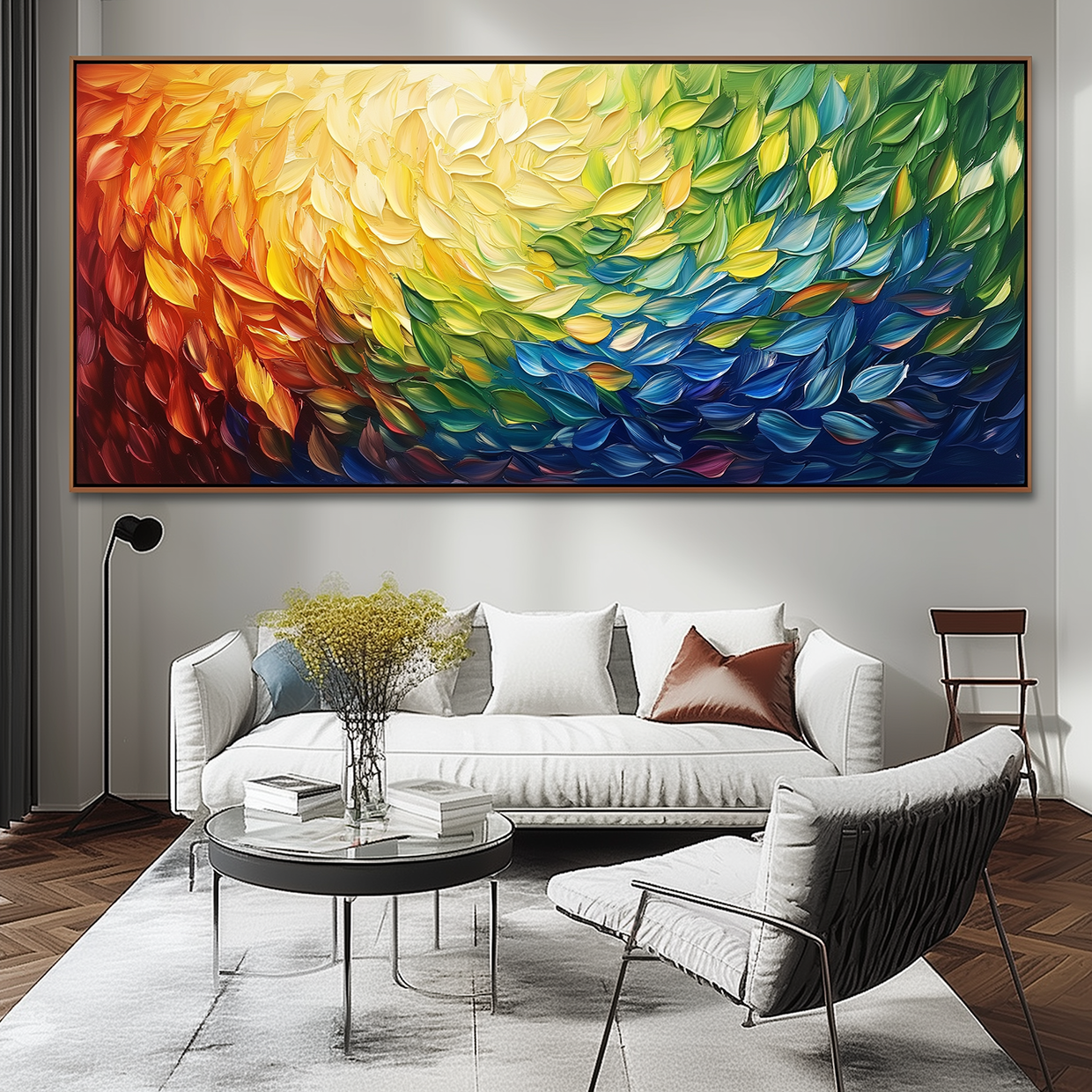 Abstract colorful painting with vibrant swirling leaves in red, orange, yellow, green, and blue