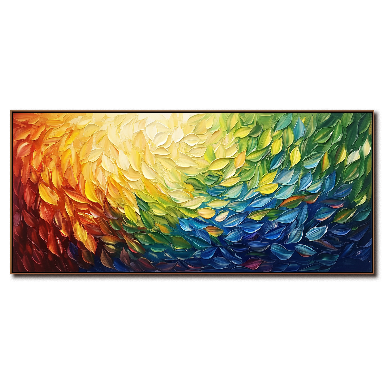 Abstract colorful painting with vibrant swirling leaves in red, orange, yellow, green, and blue