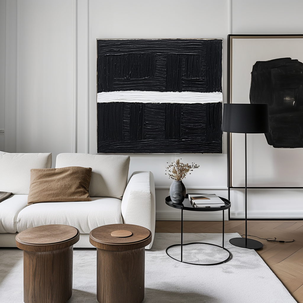 Black and white textured abstract painting with horizontal stripe and thick brush texture