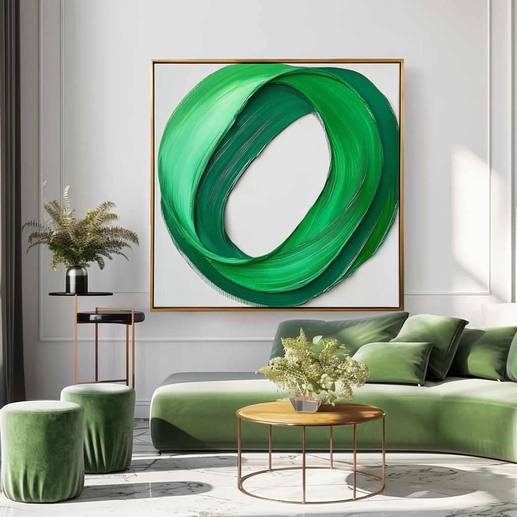 Abstract green and white textured painting with flowing green curves on a white background