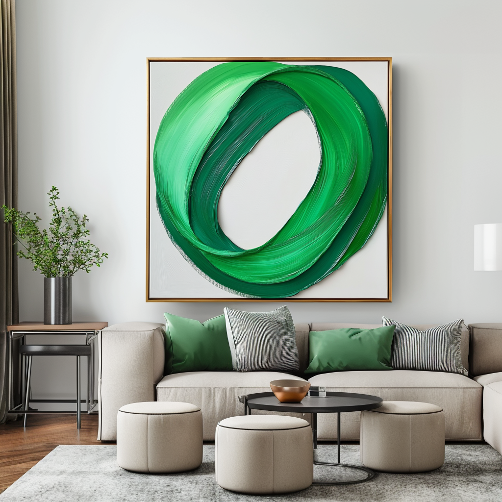 Abstract green and white textured painting with flowing green curves on a white background