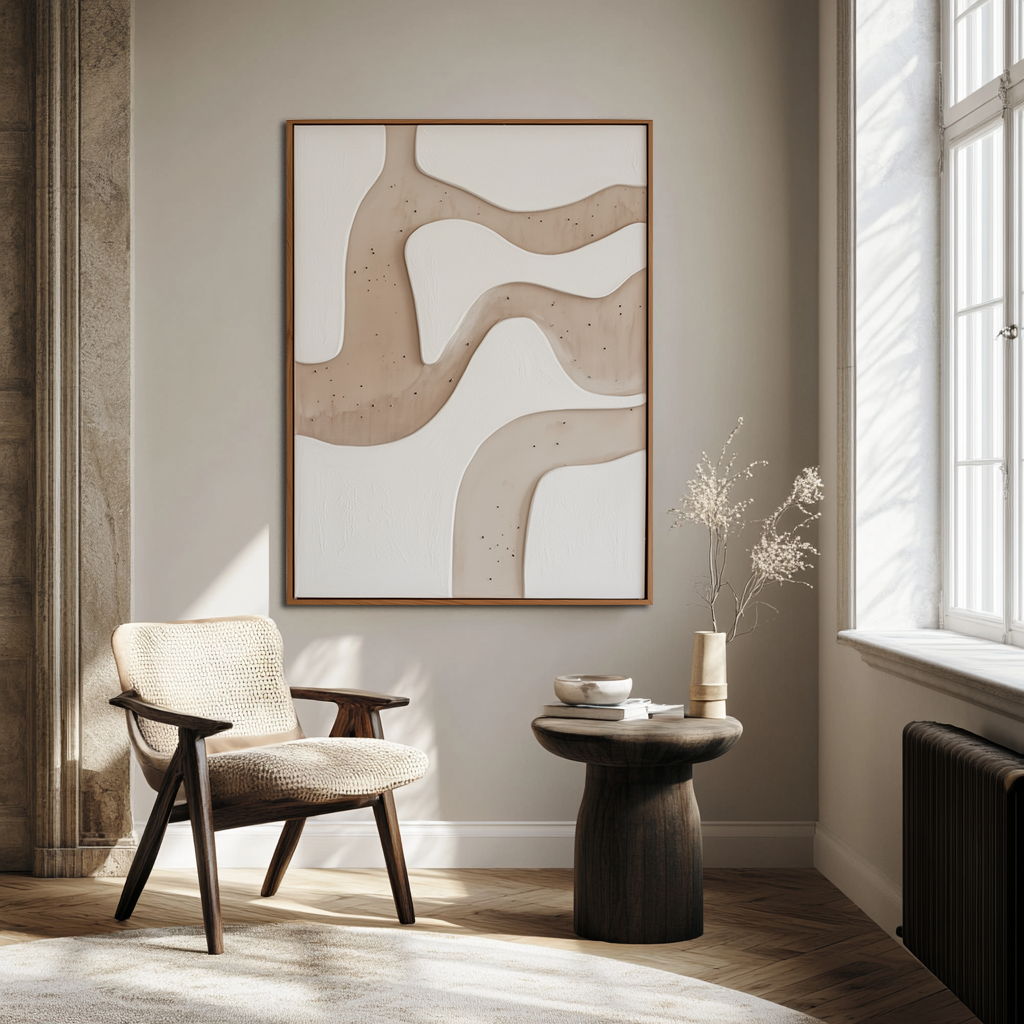 Abstract minimalist painting with textured flowing lines in beige and white