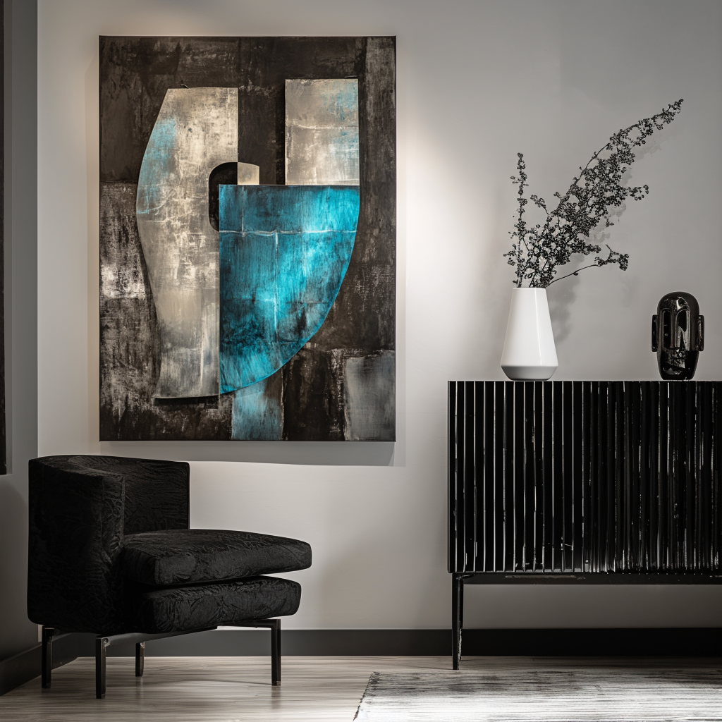 Blue and gray geometric abstract painting with curved and rectangular shapes on dark textured background