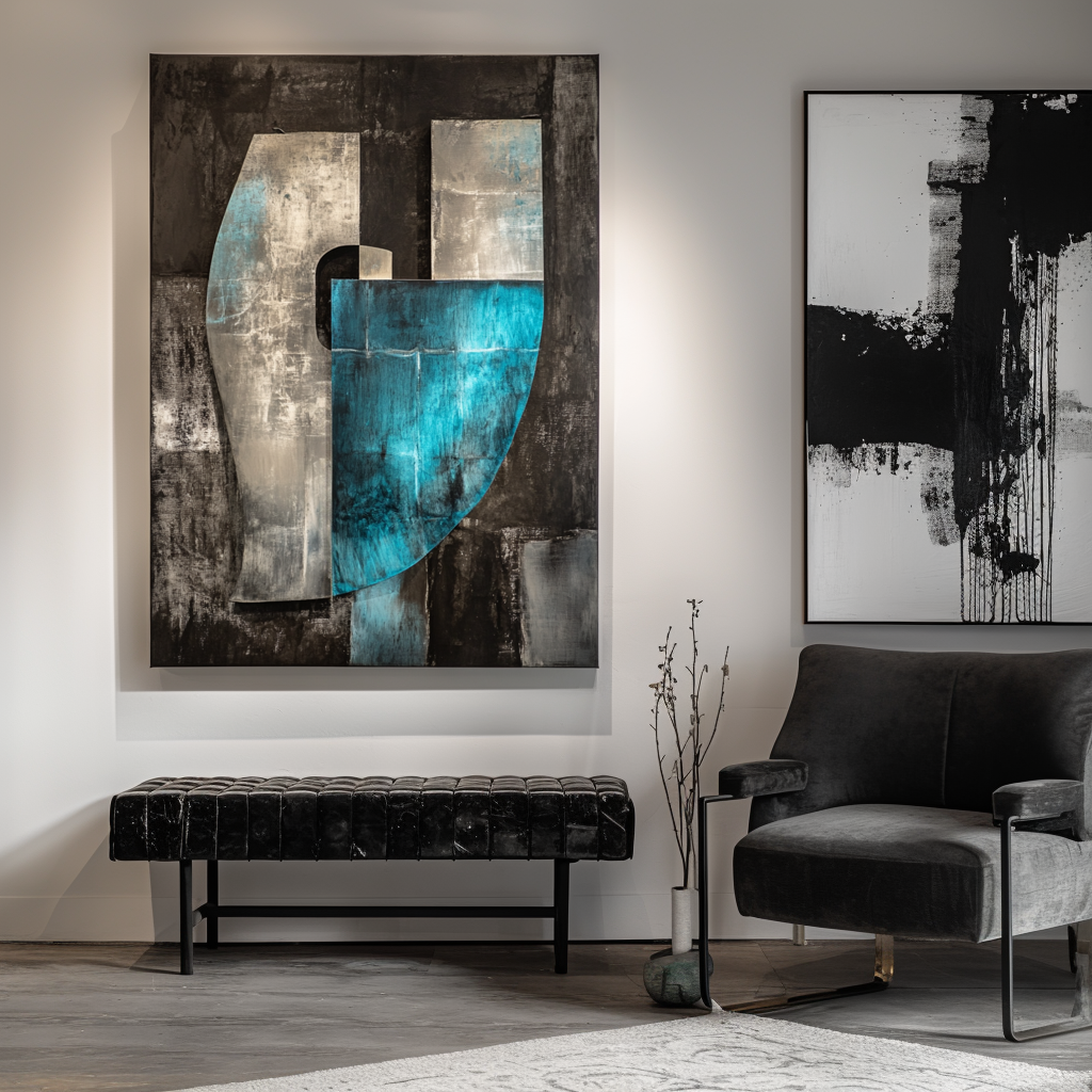 Blue and gray geometric abstract painting with curved and rectangular shapes on dark textured background