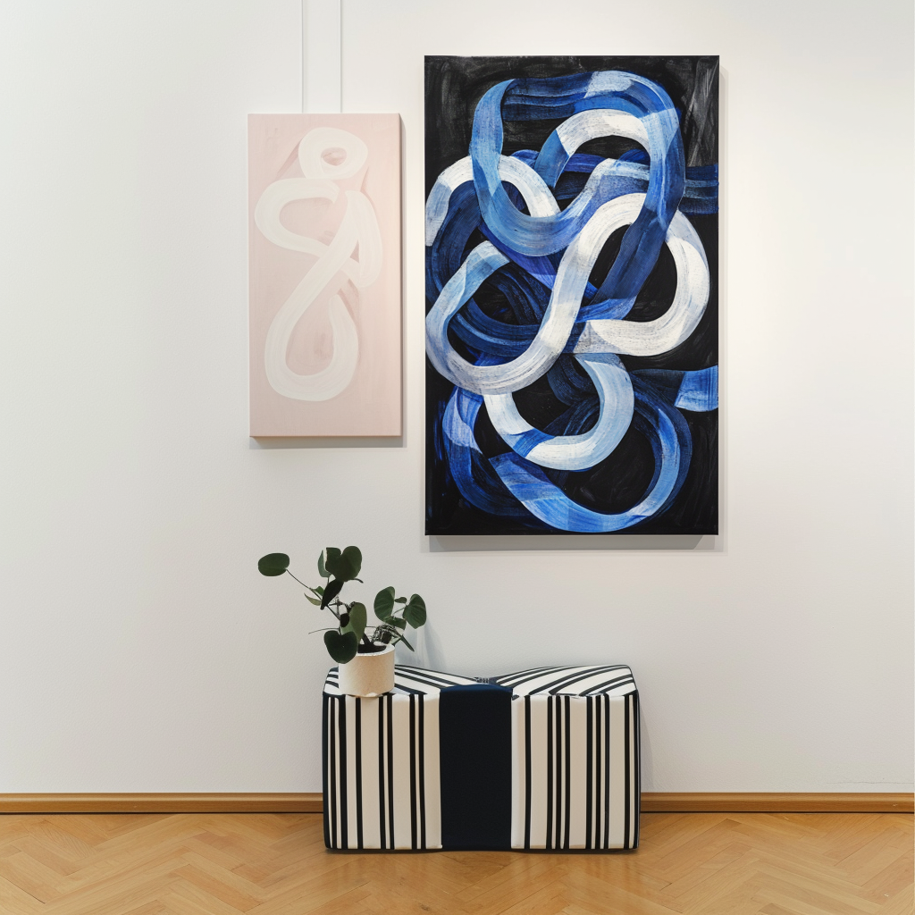 Blue and white abstract painting with flowing intertwined brushstrokes on a dark background