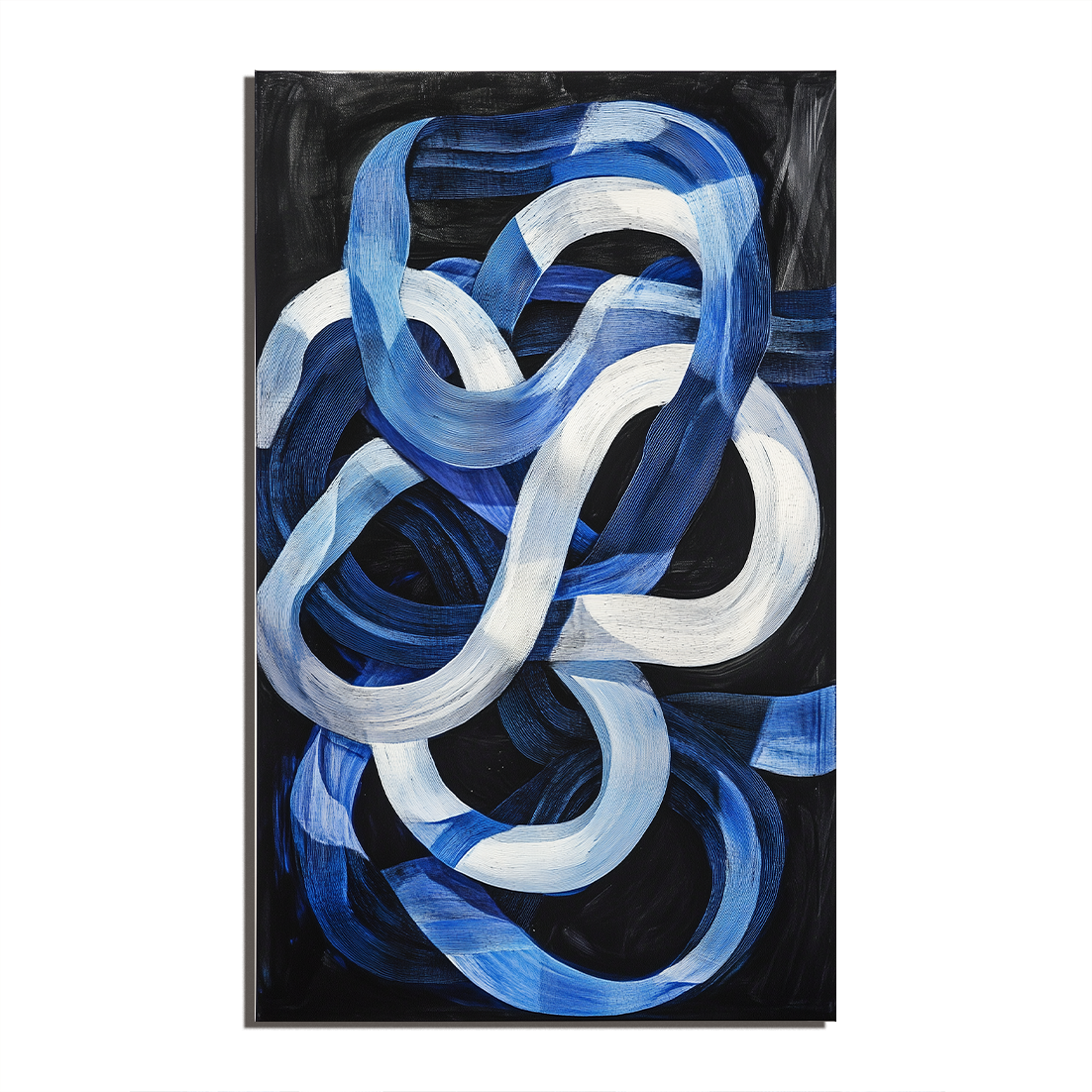 Blue and white abstract painting with flowing intertwined brushstrokes on a dark background