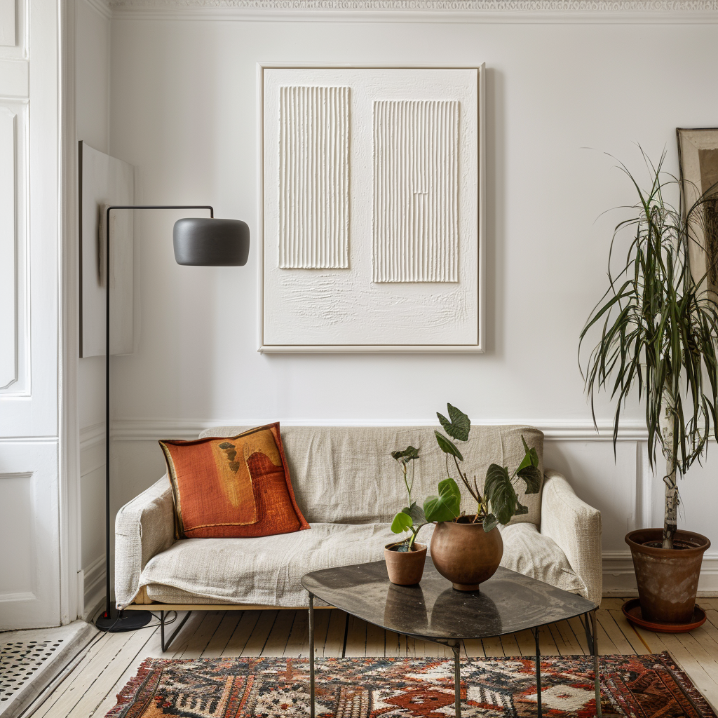 Minimalist white textured painting with vertical ridges and twin rectangular forms