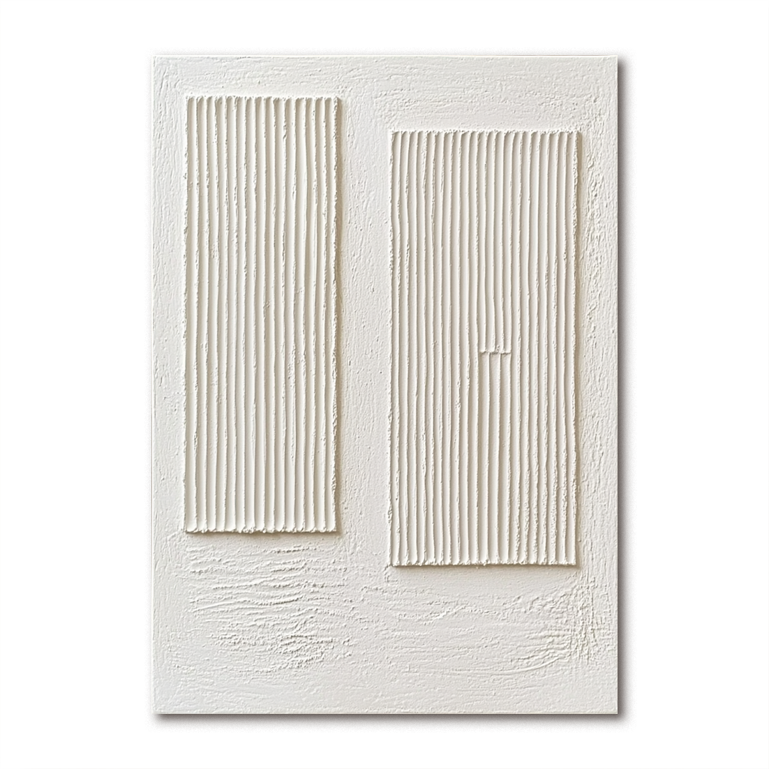Minimalist white textured painting with vertical ridges and twin rectangular forms