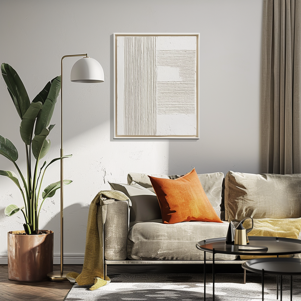 Minimalist white textured painting with vertical and horizontal ridges, Wabi-Sabi wall art