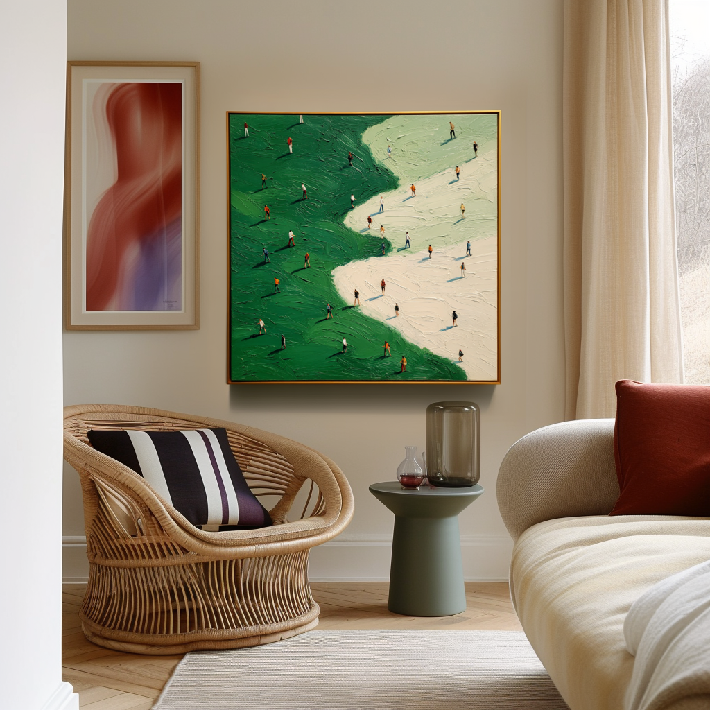 Abstract oil painting of walking figures on green and beige fields with textured brushstrokes