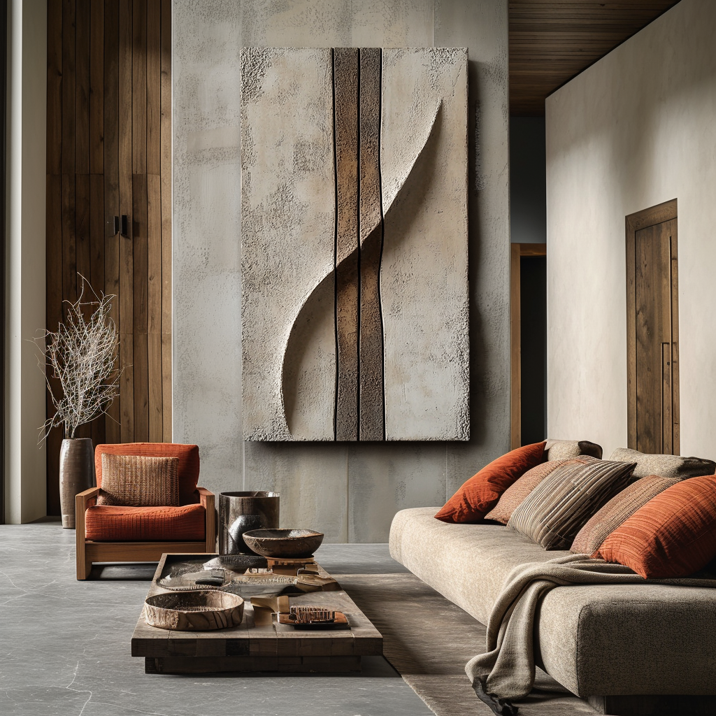 Textured abstract painting with vertical carved lines and soft neutral tones, minimalist wall art