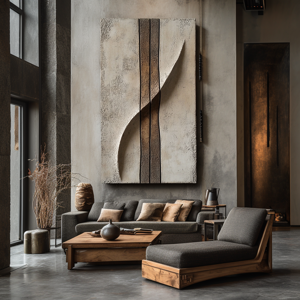 Textured abstract painting with vertical carved lines and soft neutral tones, minimalist wall art