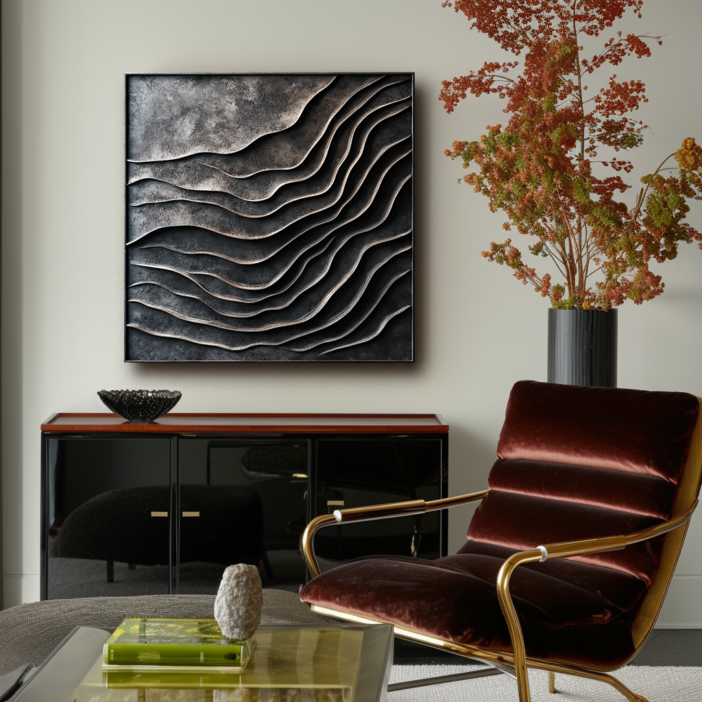 Abstract metallic painting with layered waves and textured curves in bronze and charcoal