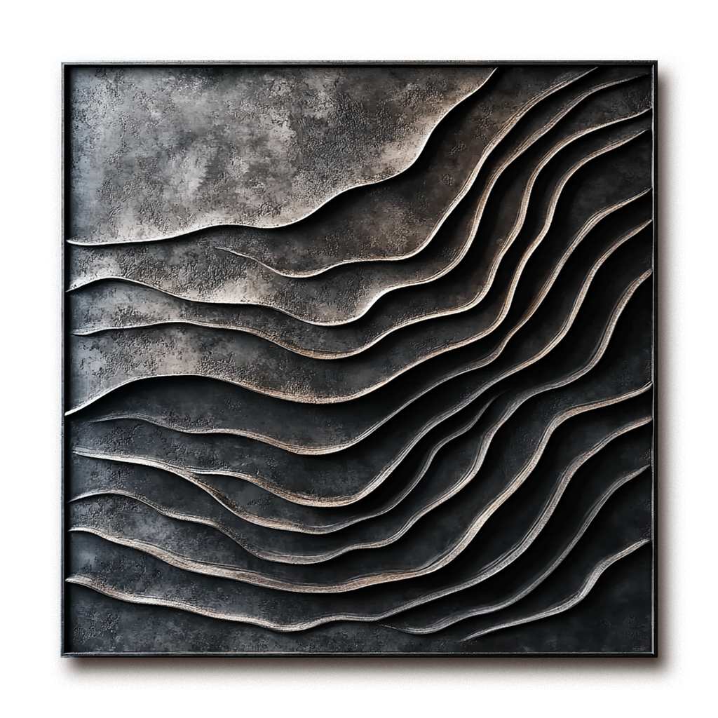 Abstract metallic painting with layered waves and textured curves in bronze and charcoal