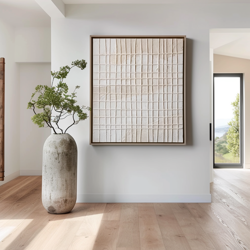 Minimalist abstract painting with textured white grid pattern, modern wall art