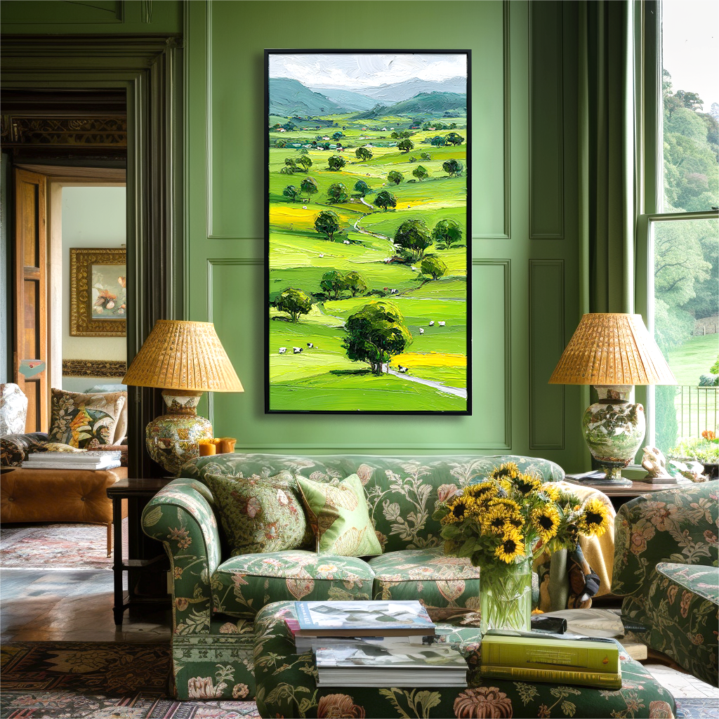 Abstract green landscape painting with rolling hills, trees, and distant mountains, featuring textured brushstrokes