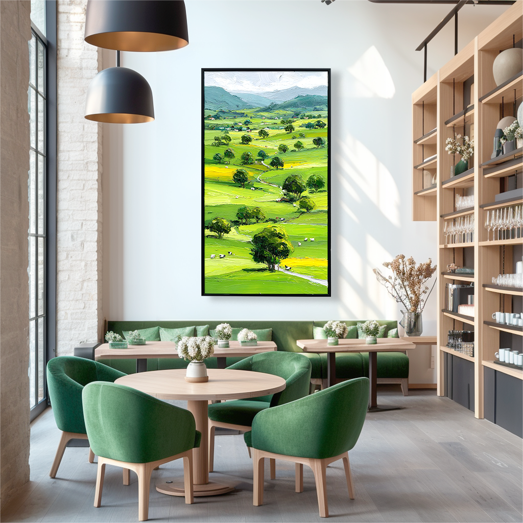 Abstract green landscape painting with rolling hills, trees, and distant mountains, featuring textured brushstrokes