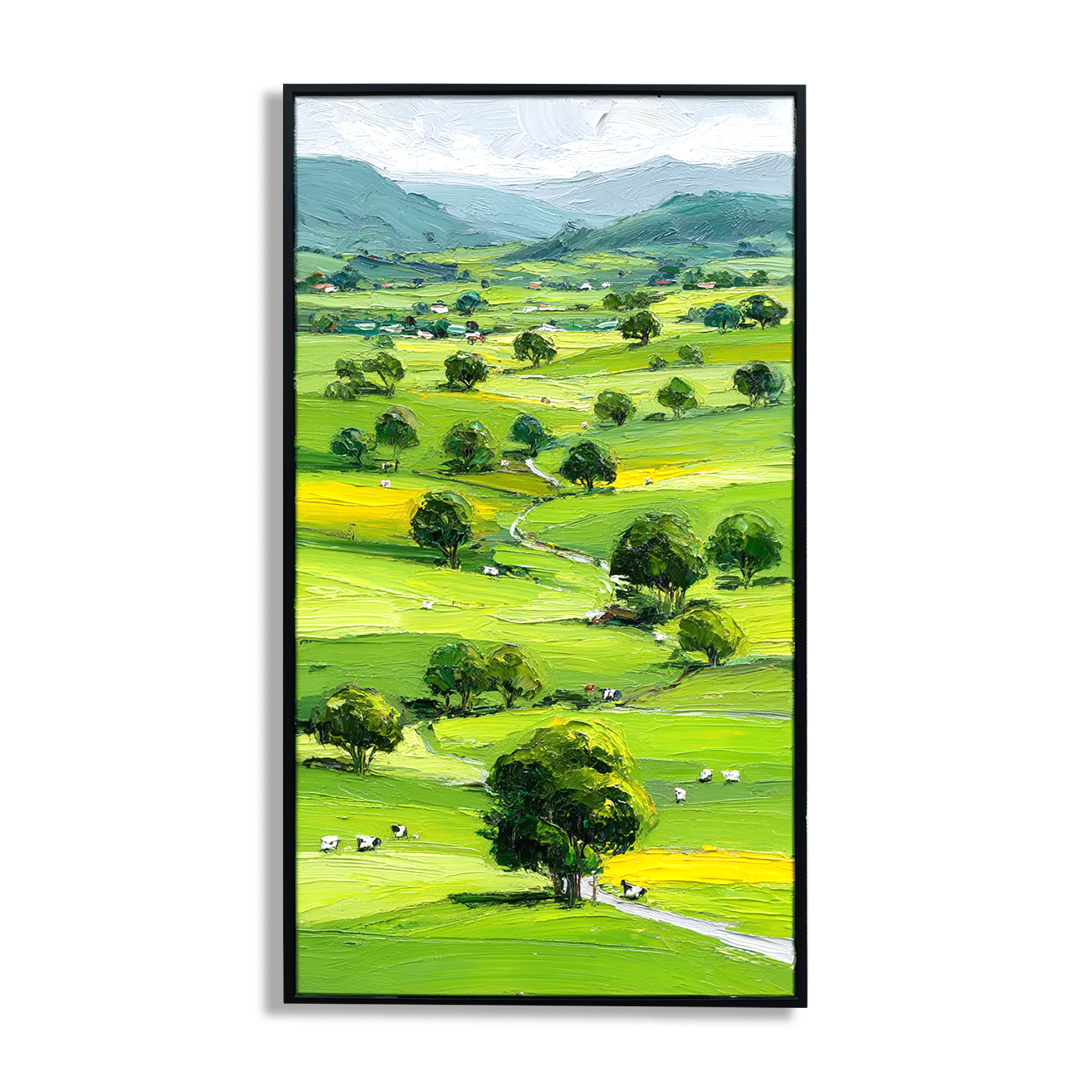 Abstract green landscape painting with rolling hills, trees, and distant mountains, featuring textured brushstrokes